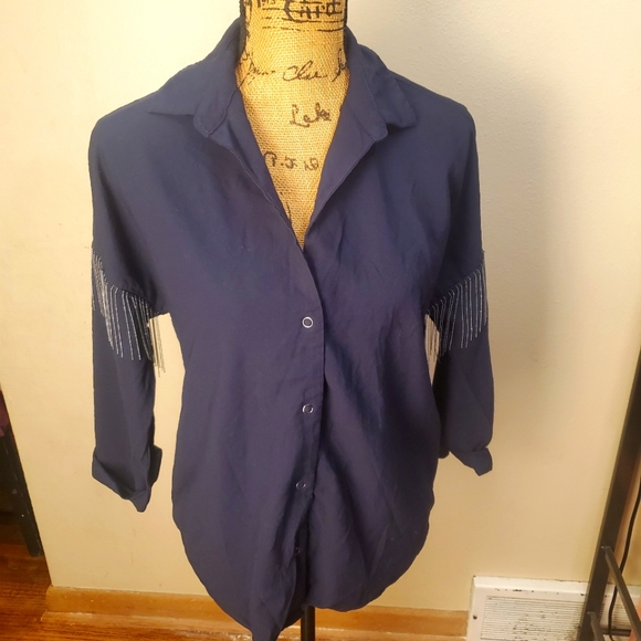 Zara Basic Navy Blue Fringe Metallic 3/4 Sleeve Snap Button Collar Neck … - Picture 1 of 7